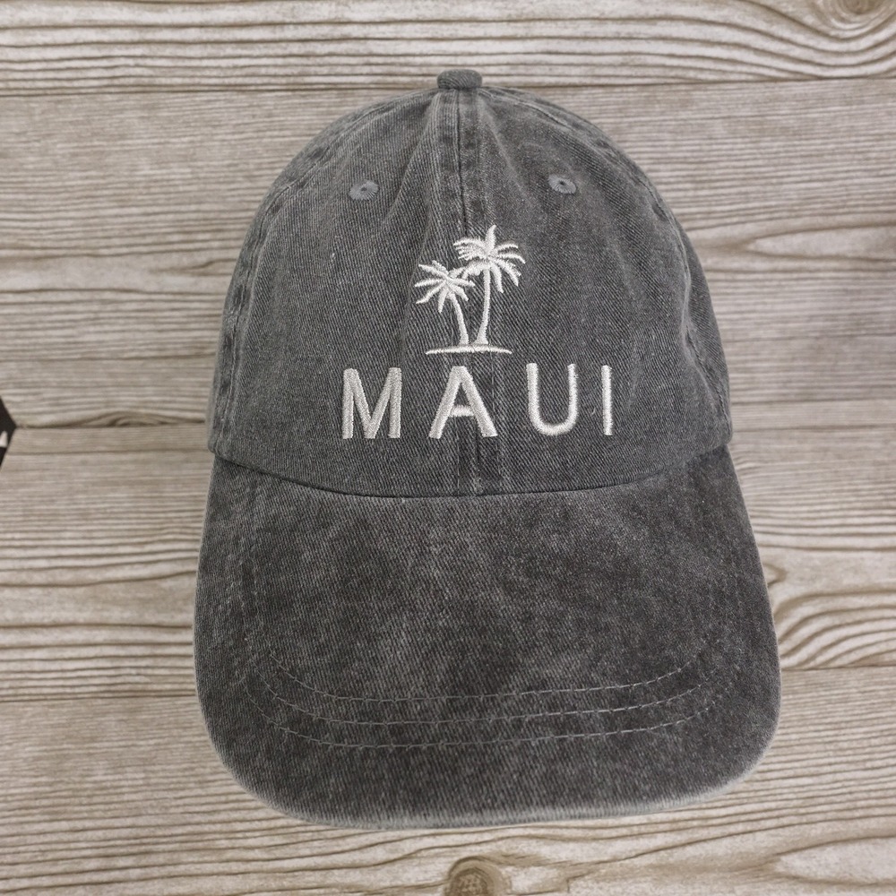 Maui Hat Cap Strap Back Sunwashed Cotton Embroidered Palm Trees Travel Tourist